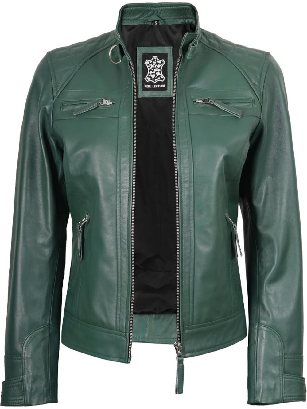 Women’s Green Leather Cafe Racer Motorcycle Biker Jacket